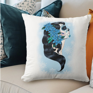 Winter Sugar Skull Blue Snowflakes Throw Pillow