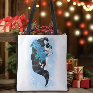 Winter Sugar Skull Blue Snowflakes Tote Bag