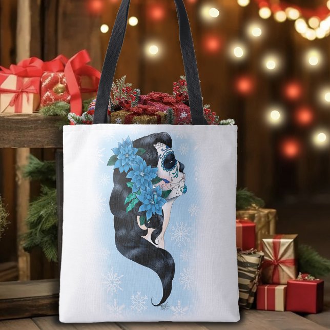 Winter Sugar Skull Blue Snowflakes Tote Bag (Creator Uploaded)
