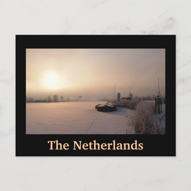 Winter sunrise in the Netherlands black postcard (Front)