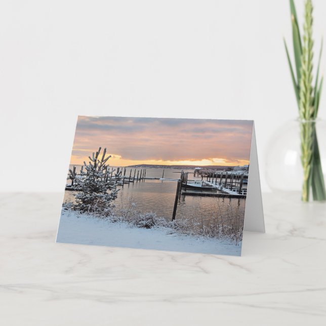 Winter Sunrise over Plymouth, MA Harbour Holiday Card (Front)