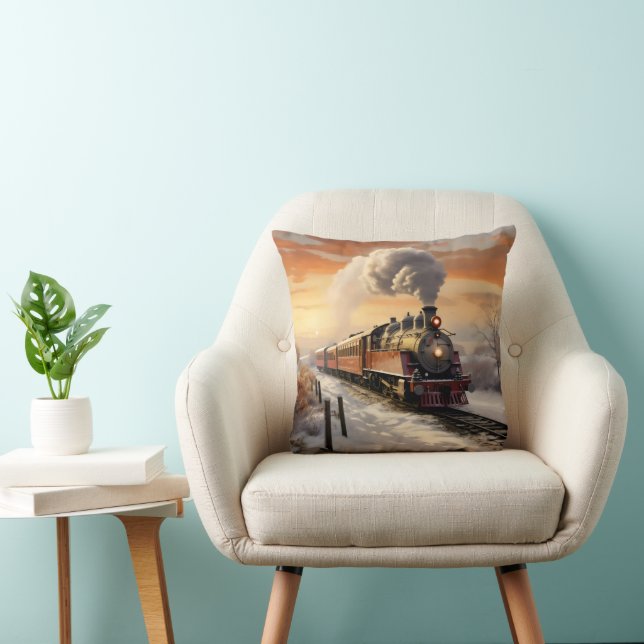 Winter Sunset and Train Throw Pillow (Chair)