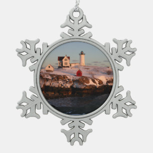 Winter Sunset at Nubble Light Snowflake Pewter Christmas Ornament