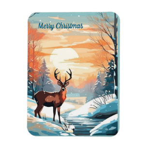 Winter sunset deer card magnet