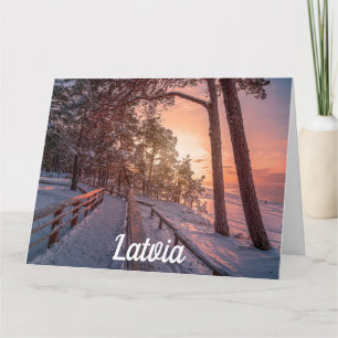 Winter sunset in pine forest near sea card