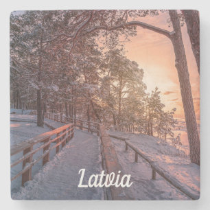 Winter sunset in pine forest near sea stone coaste coaster