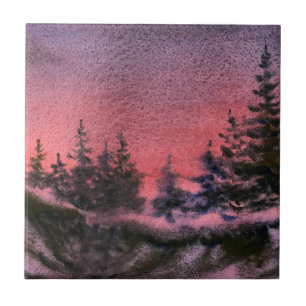 Winter sunset pines nocturnal landscape Tile