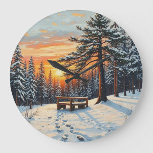 Winter Sunset tree pine snow Large Clock