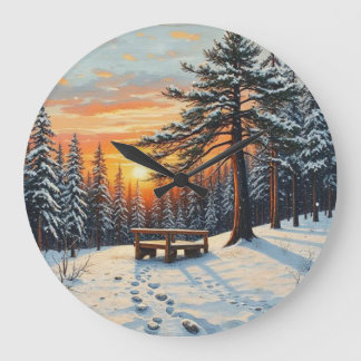 Winter Sunset tree pine snow  Large Clock