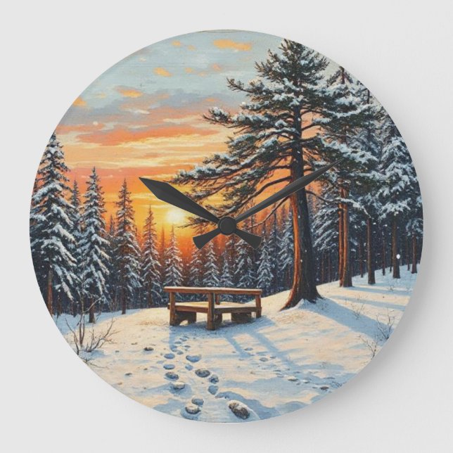 Winter Sunset tree pine snow  Large Clock (Front)