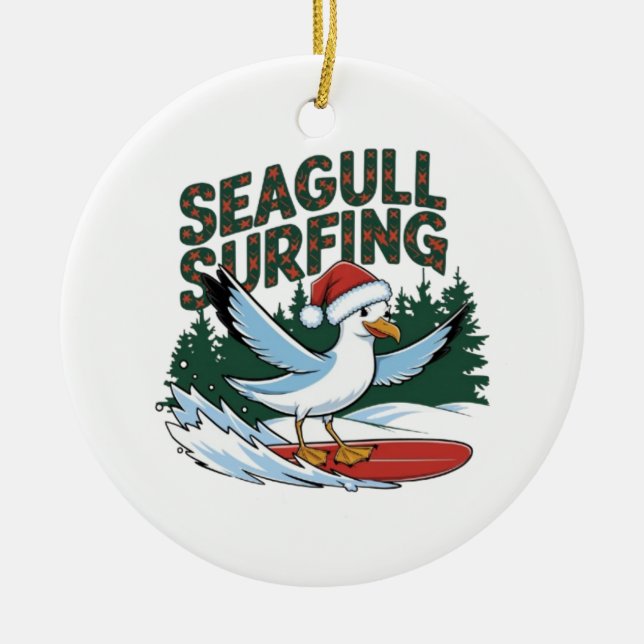 Winter Surfer Seagull, Christmas Seagull  Ceramic Ornament (Front)