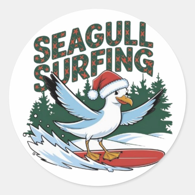 Winter Surfer Seagull, Seagull Merry Christmas Classic Round Sticker (Front)
