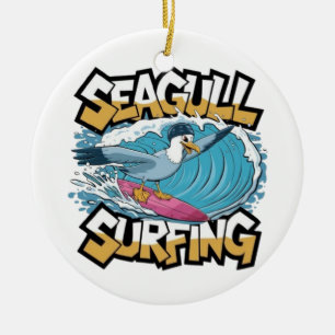 Winter Surfer Seagull, Seagull Surfing, Seagull  Ceramic Ornament