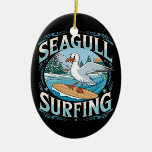 Winter Surfer Seagull, Seagull Surfing, Seagull  T Ceramic Ornament