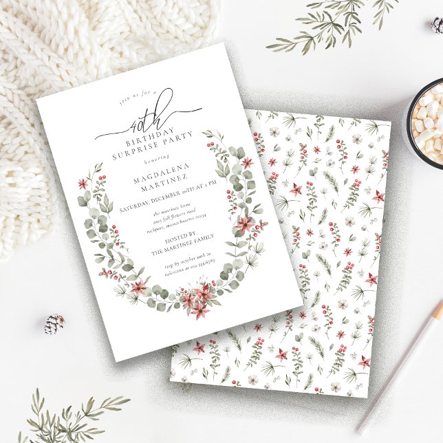 Winter Surprise Party Greenery 40th Birthday Invitation (Creator Uploaded)
