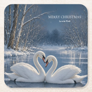 Winter Swan Christmas, Moonlit Lake Holiday design Square Paper Coaster