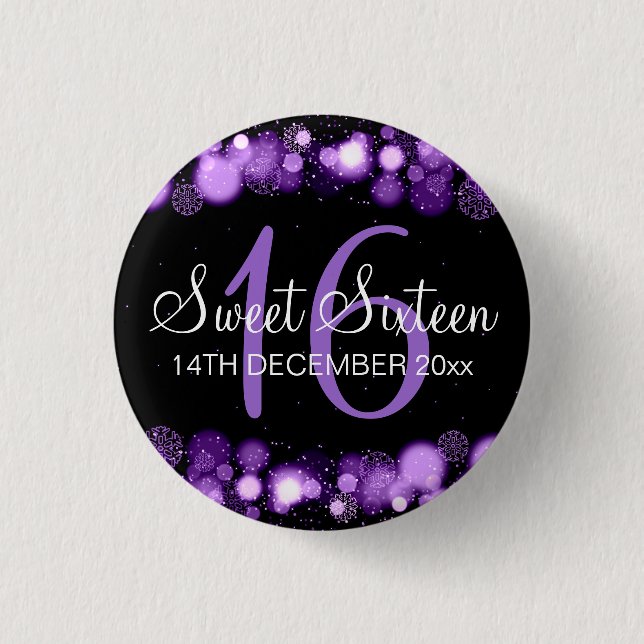 Winter Sweet 16 Birthday Party Purple Bokeh Lights 1 Inch Round Button (Front)
