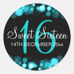 Winter Sweet 16 Birthday Turquoise Bokeh Lights Classic Round Sticker