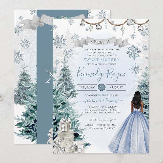 Winter Sweet 16 Holiday Birthday Silver Blue Snow Invitation (Front/Back)