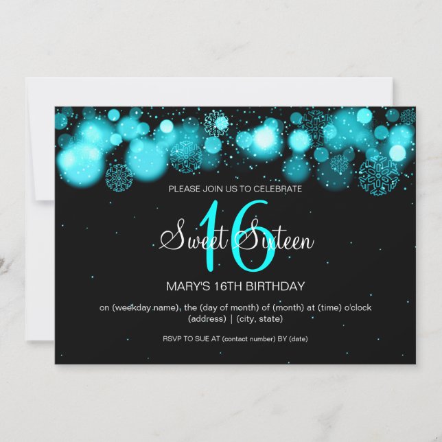 Winter Sweet Sixteen Birthday Party Turquoise Invitation (Front)