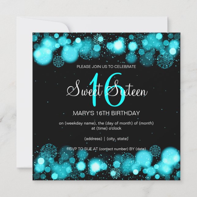 Winter Sweet Sixteen Birthday Party Turquoise Invitation (Front)