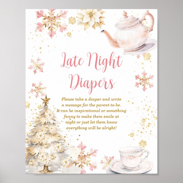 Winter Tea Party Baby Shower Late Night Diapers Poster (Front)