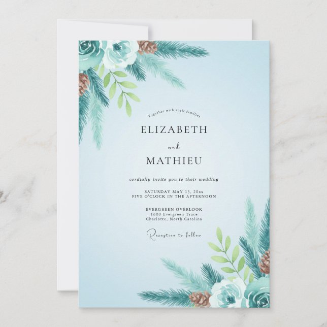 Winter Teal Pine Eucalyptus Wedding Invitation (Front)