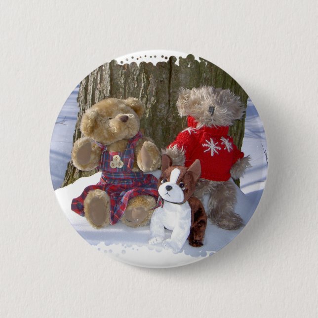 Winter teddies with pup 2 inch round button (Front)