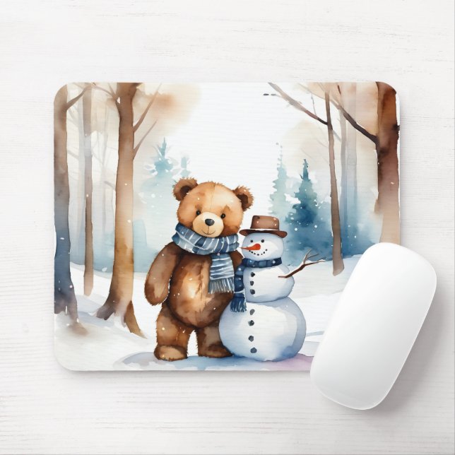 Winter Teddy Bear And Snowman Mouse Pad (With Mouse)
