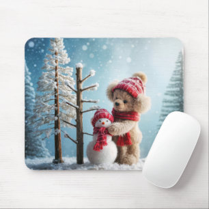 Winter Teddy Bear and Snowman Mouse Pad