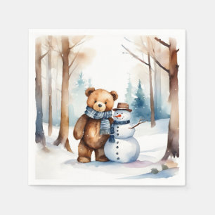 Winter Teddy Bear And Snowman Napkin