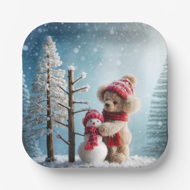 Winter Teddy Bear and Snowman Paper Plate (Front)