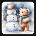 Winter Teddy Bear And Snowman Square Sticker<br><div class="desc">Cute watercolor brown teddy bear with snowman</div>