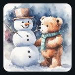 Winter Teddy Bear And Snowman Square Sticker<br><div class="desc">Cute watercolor brown teddy bear with snowman</div>