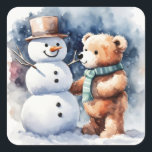 Winter Teddy Bear And Snowman Square Sticker<br><div class="desc">Cute watercolor brown teddy bear with snowman</div>