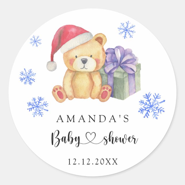 Winter teddy bear Baby Shower Classic Round Sticker (Front)