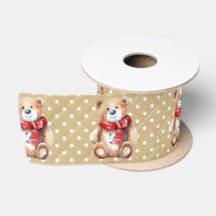 Winter Teddy Bear On Polka Dots Satin Ribbon