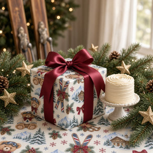 Winter Teddy Bear Ski Lodge Burgundy Bow  Wrapping Paper