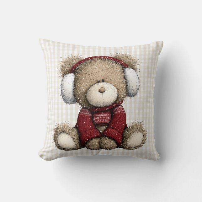Winter Teddy Bear Throw Pillow (Front)