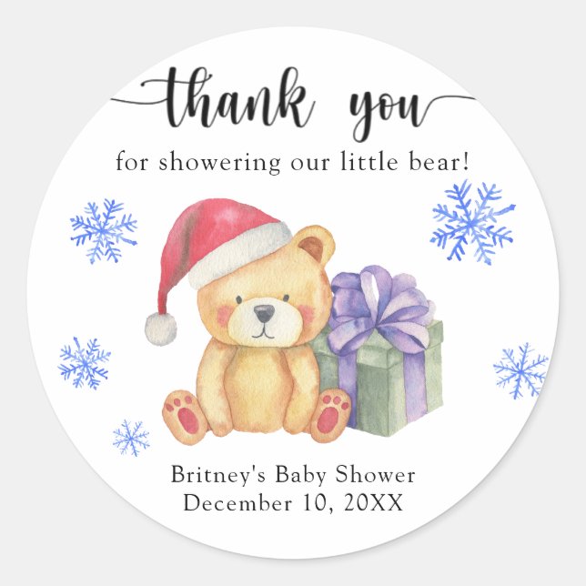 Winter Teddy bear with xmas gift thank you Classic Round Sticker (Front)