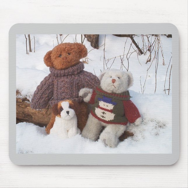Winter Teddy Brothers with pup Mouse Pad (Front)