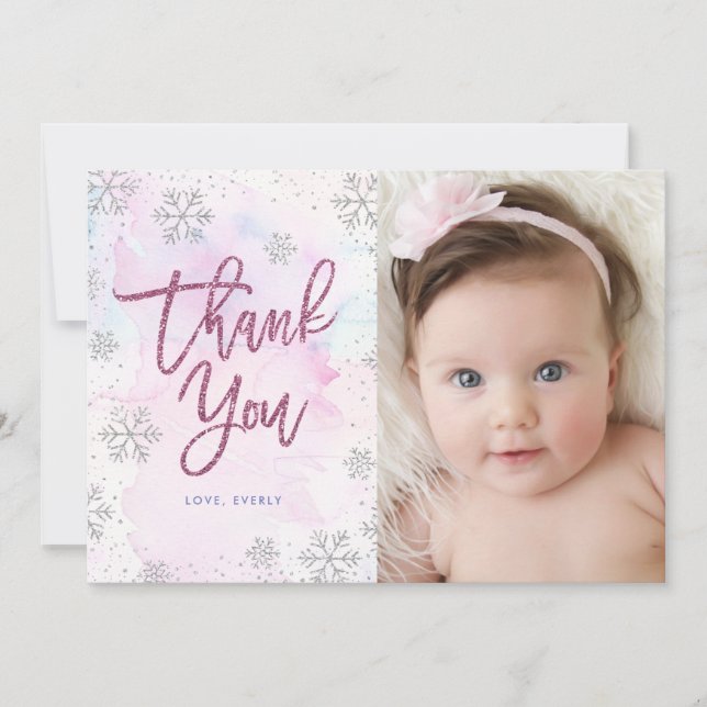 Winter Thank You Birthday Silver Magenta Glitter Card (Front)