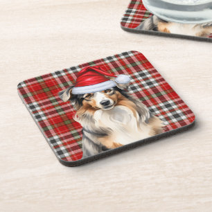 Winter Theme Australian Shepherd Dog Red Plaid Coaster