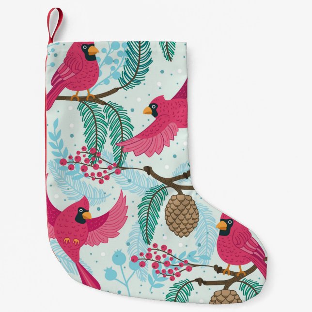 Winter Theme: Red Cardinal Pattern. Small Christmas Stocking (Front)