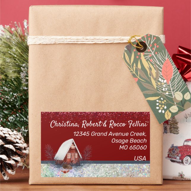 Winter theme snowy house on red custom sticker (Holiday)