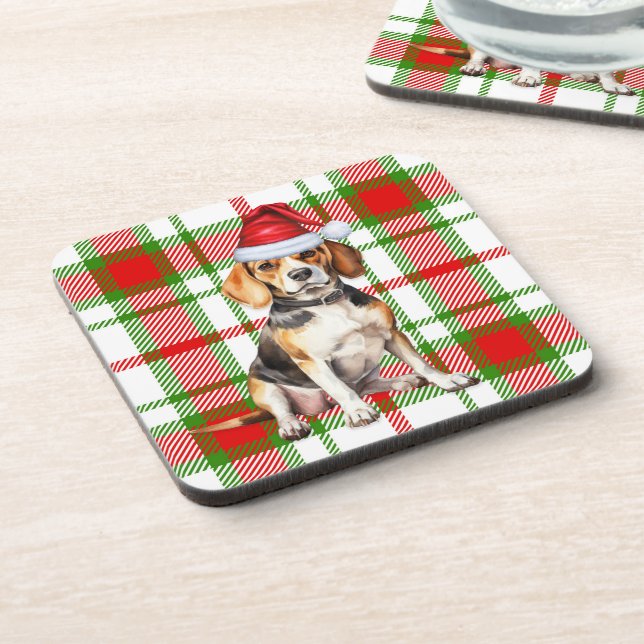 Winter Themed Beagle Red Green Plaid Holiday Coaster (Left Side)