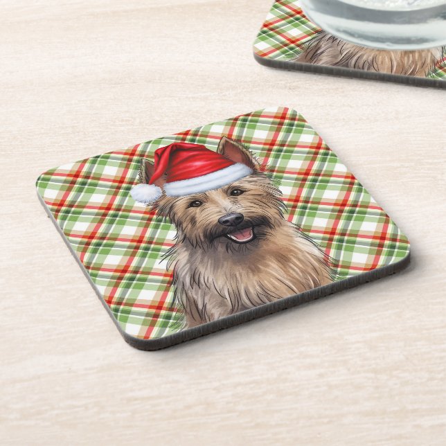 Winter Themed Berger Picard Dog Holiday Plaid Coaster (Left Side)