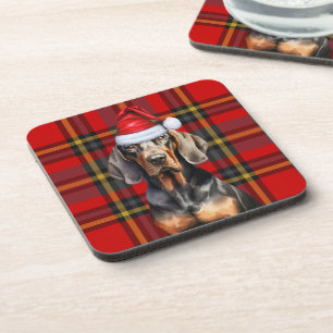 Winter Themed Black Tan Coonhound Holiday Plaid Coaster