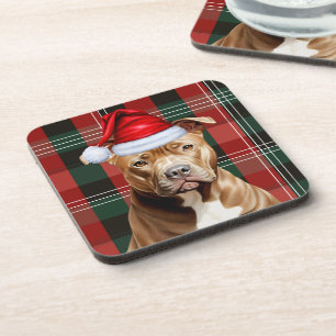 Winter Themed Brown Pitbull Dog Red Holiday Plaid Coaster