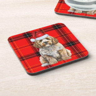 Winter Themed Cockapoo Santa Dog Red Holiday Plaid Coaster